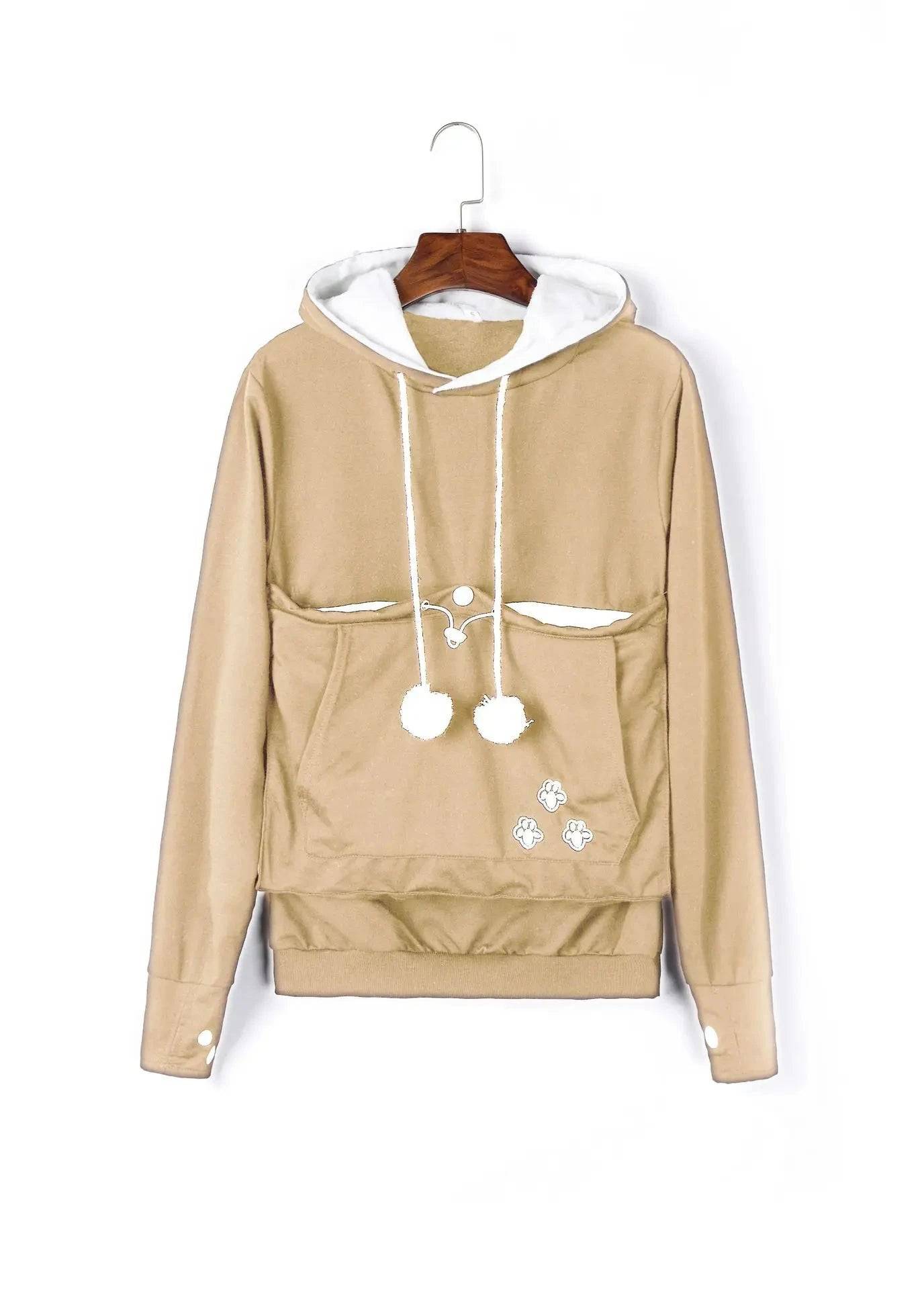 Soil yellow beige paw print pet lover hoodie with kangaroo cuddle pouch and pom pom drawstring, perfect for cat and dog lovers.