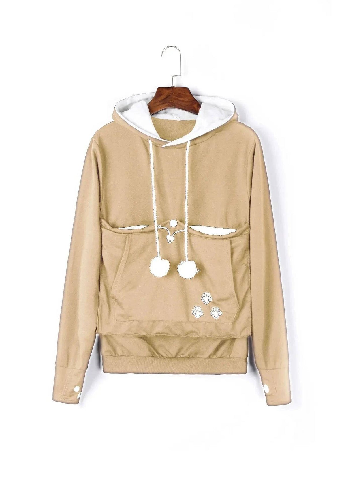 Soil-yellow beige paw print hoodie with kangaroo cuddle pouch and pom pom drawstrings, ideal for pet lovers by TrendyPet's Zone.