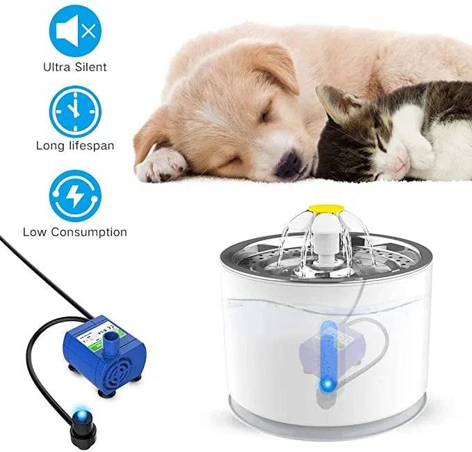 Steel cat and dog water fountain with active carbon filter, electric USB-powered pet drinking dispenser, TrendyPet's Zone.