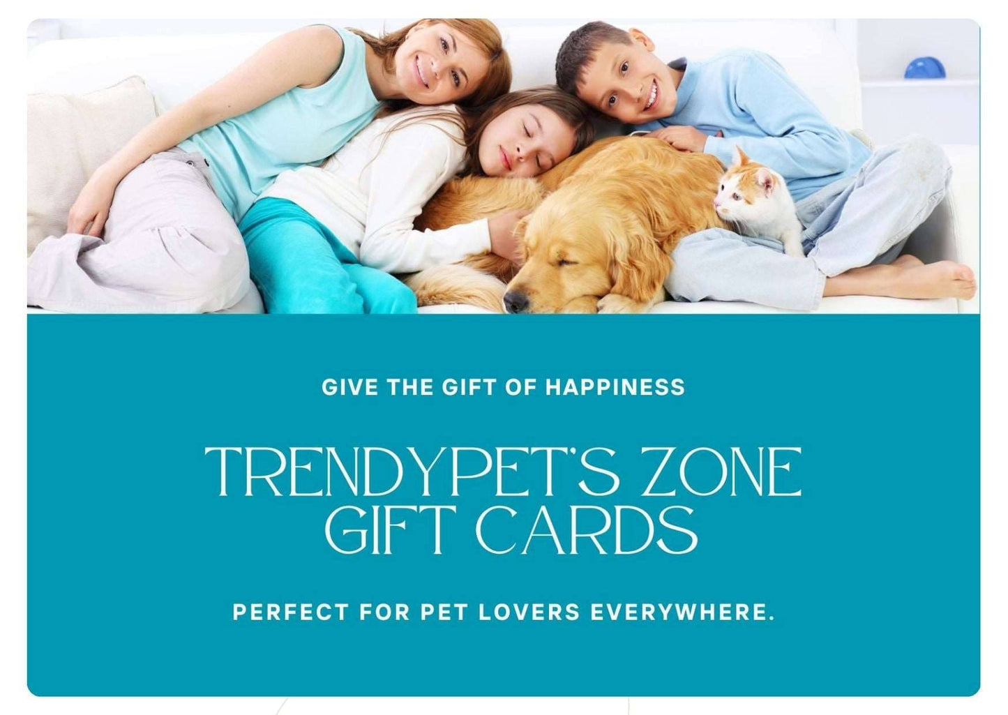 TrendyPet's Zone gift card featuring colorful branding, perfect for pet lovers to gift or redeem for pet products.
