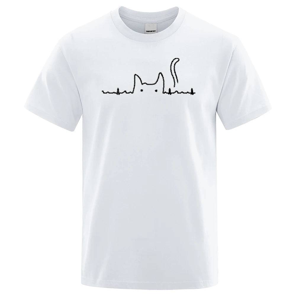 White Casual Men's T-Shirts Cat Cute Printed Summer Cotton O-Neck Short Sleeve Top Tee T-shirts - TrendyPet's Zone