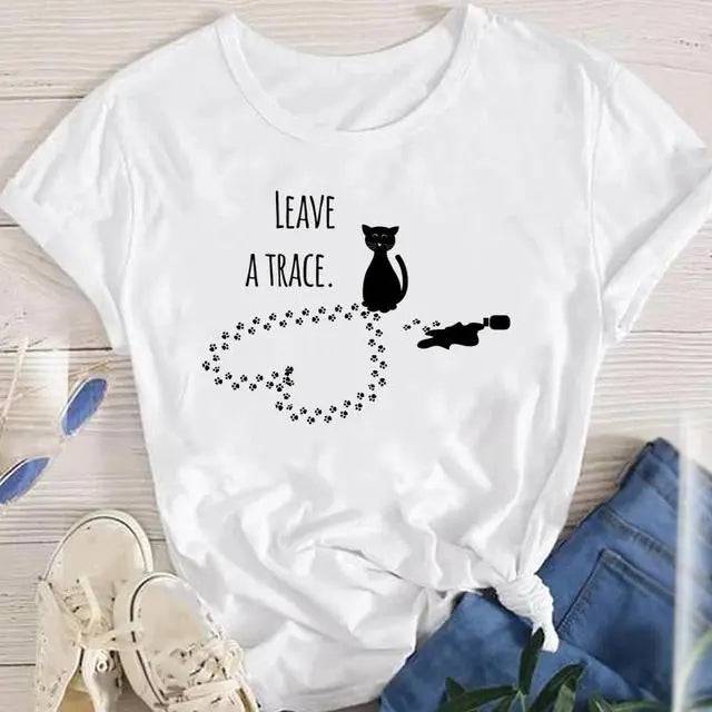 White Leave A Trace Women Lady Oversized T-shirt Tees Female Fashion Summer Short Sleeve Cartoon Print Graphic Clothes Tops Cute Cat Animal - TrendyPet's Zone