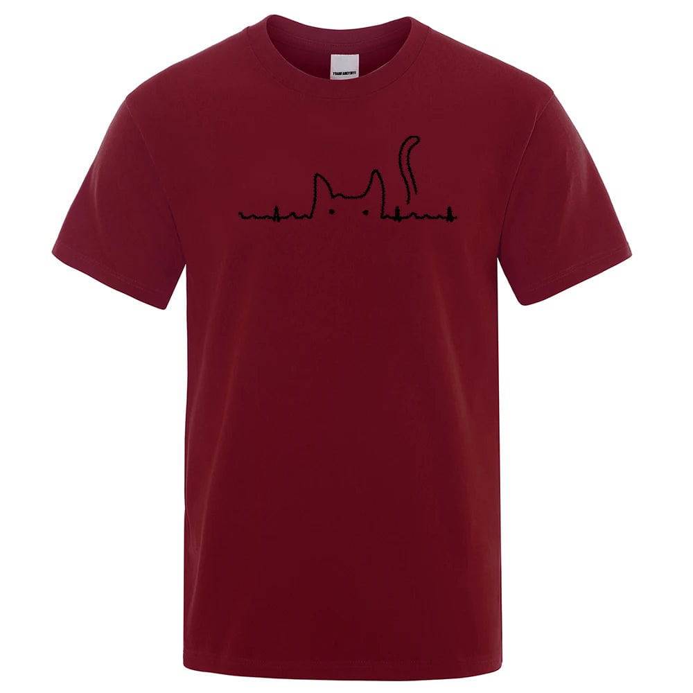 Wine Red Casual Men's T-Shirts Cat Cute Printed Summer Cotton O-Neck Short Sleeve Top Tee T-shirts - TrendyPet's Zone