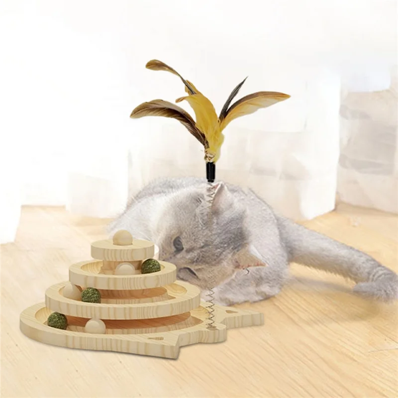 Wooden 3-level cat tower with tracks, discs, and toys for kittens, featuring balls and teasing sticks for entertainment and training.