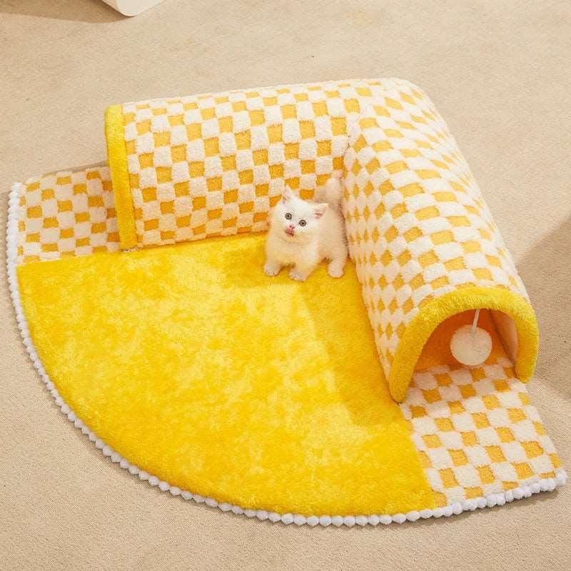 Yellow 2-in-1 Plush Plaid Semicircular Tunnel Cat Bed Checkered, Foldable, Detachable Stylish & Washable Soft Cave Nest with Toy Balls TRENDYPET'S ZONE