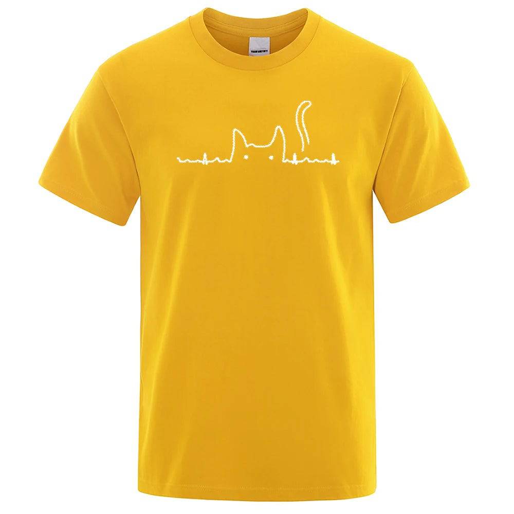 Yellow Casual Men's T-Shirts Cat Cute Printed Summer Cotton O-Neck Short Sleeve Top Tee T-shirts - TrendyPet's Zone
