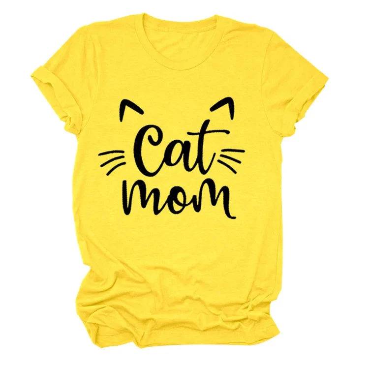 Yellow "Cat Mom" Vivid Letter Print Women T-Shirt Short Sleeve O-Neck Loose Ladies Tee Tops Clothes - TrendyPet's Zone