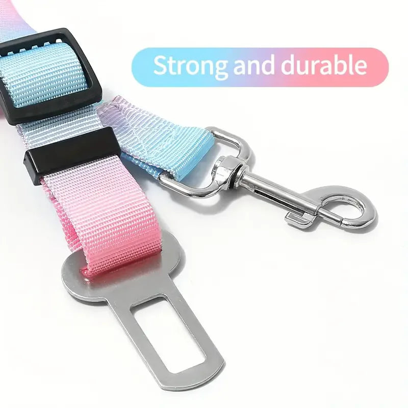 Yellow-pink pastel elastic pet car seat belt for dogs and cats, adjustable shock-absorbing safety harness and tether from TrendyPet's Zone.