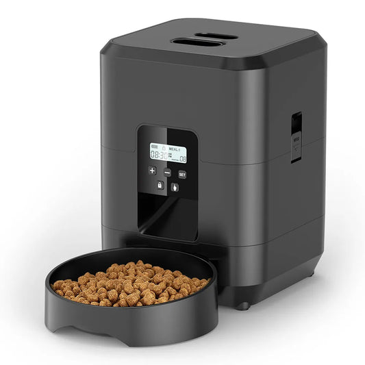 Black 2L smart automatic pet feeder with timer and button for dogs and cats, designed for dry food from TrendyPet's Zone.