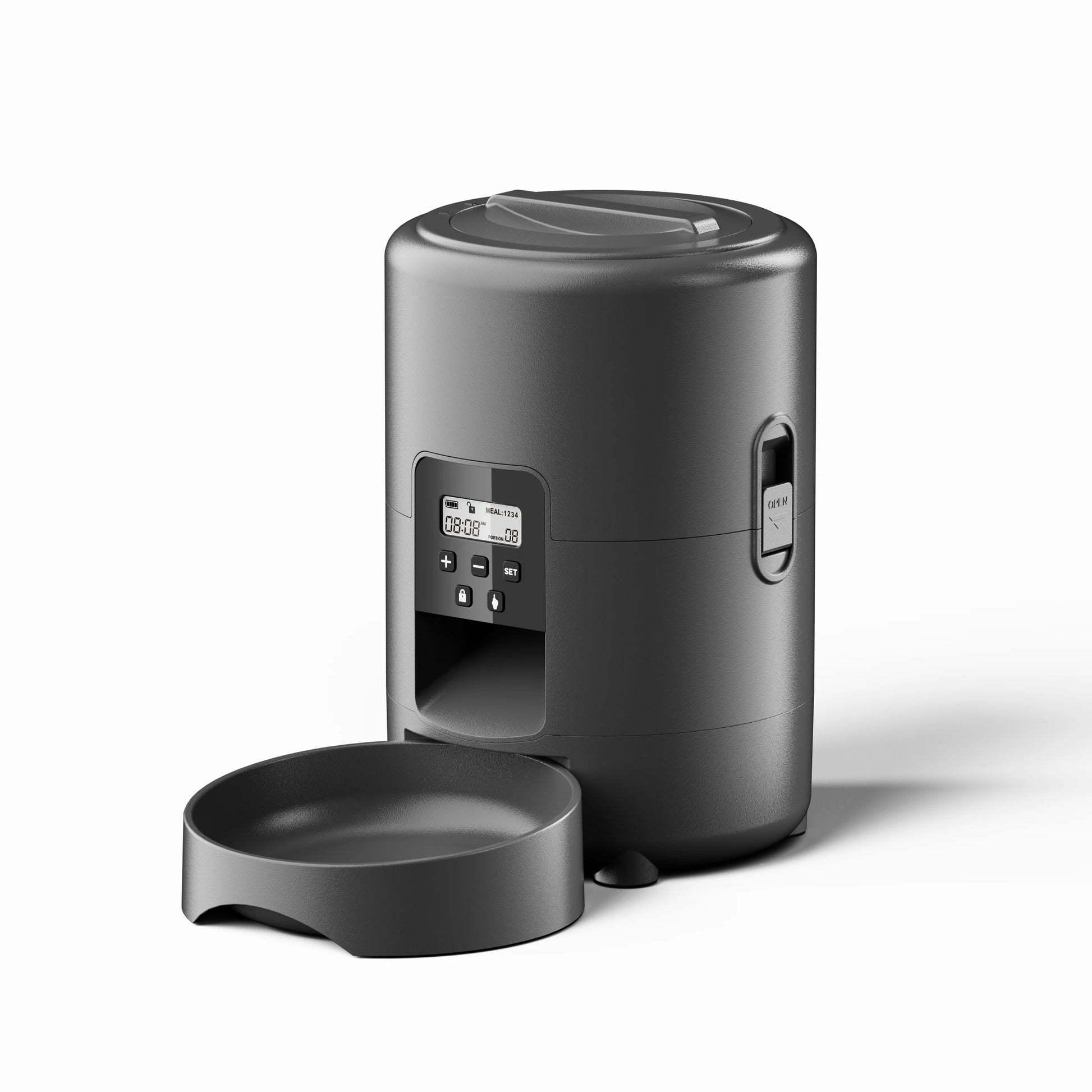 Black 2L Smart Automatic Pet Feeder with timer and button for dogs and cats, TrendyPet's Zone food dispenser.