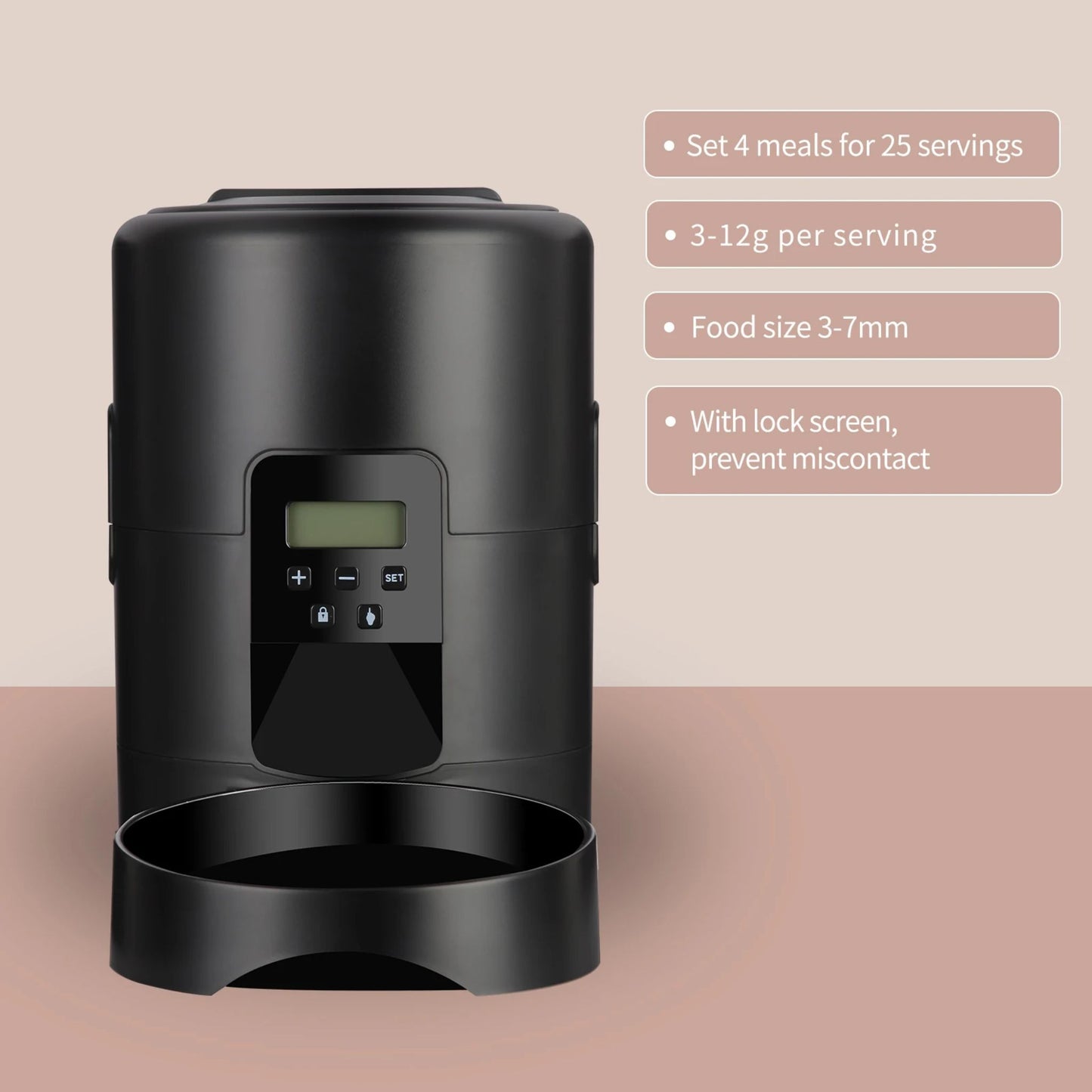 Black 2L smart automatic pet feeder with timer and button from TrendyPet's Zone, designed for dispensing dry dog and cat food.
