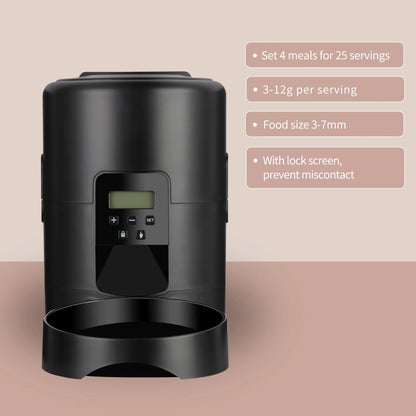 Black 2L smart automatic pet feeder with timer and button from TrendyPet's Zone, designed for dispensing dry dog and cat food.