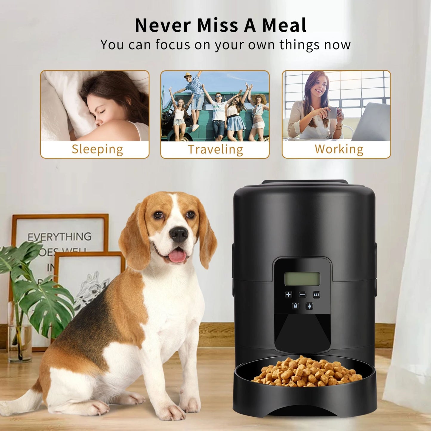 Black 2L smart automatic pet feeder by TrendyPet's Zone with timer and button for dog and cat dry food dispensing.