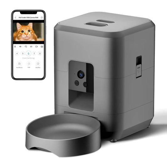 Black 2L smart automatic pet feeder with timer and camera by TrendyPet's Zone, designed for dog and cat dry food dispensing.