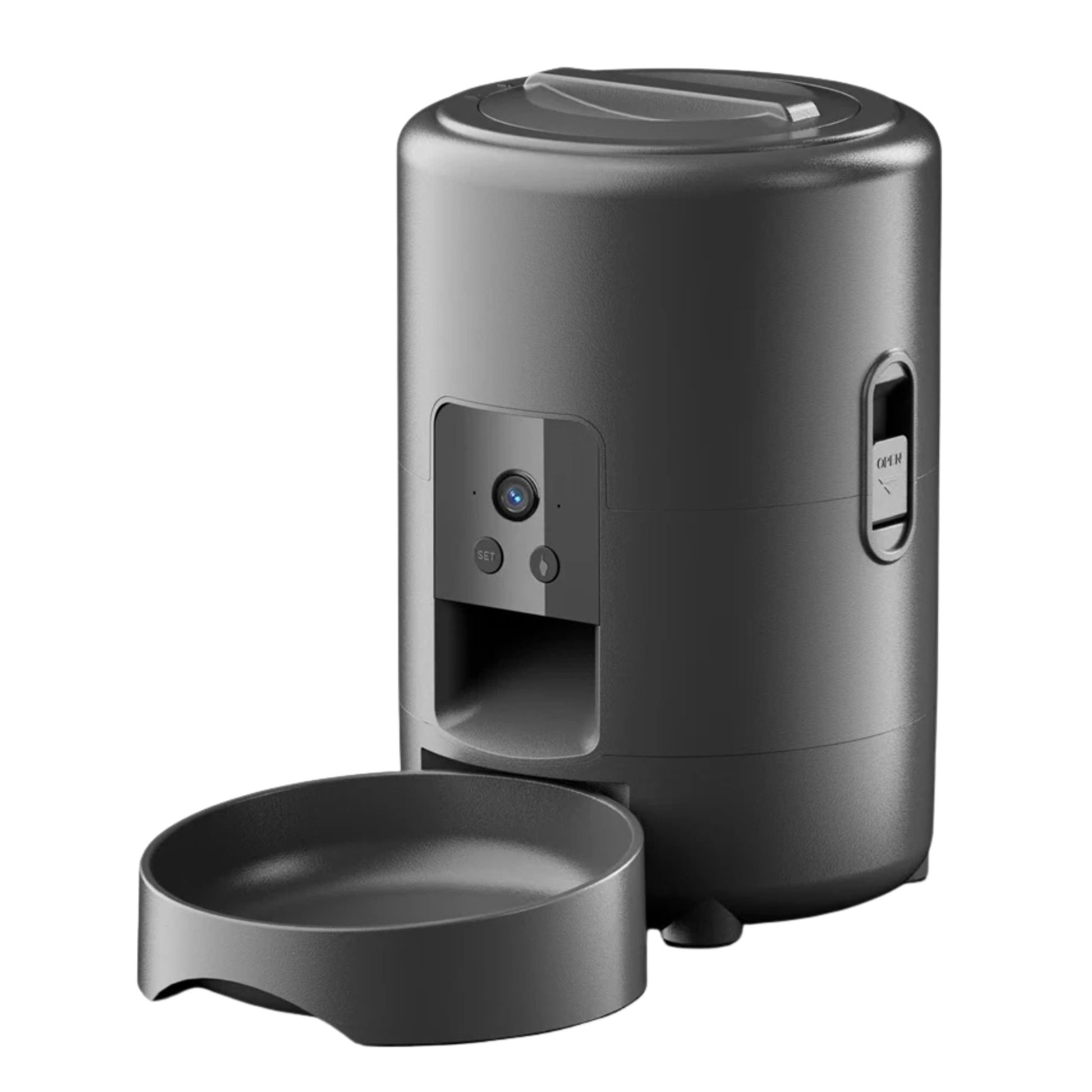 Black 2L smart automatic pet feeder with timer and camera by TrendyPet's Zone, designed for dogs and cats to dispense dry food