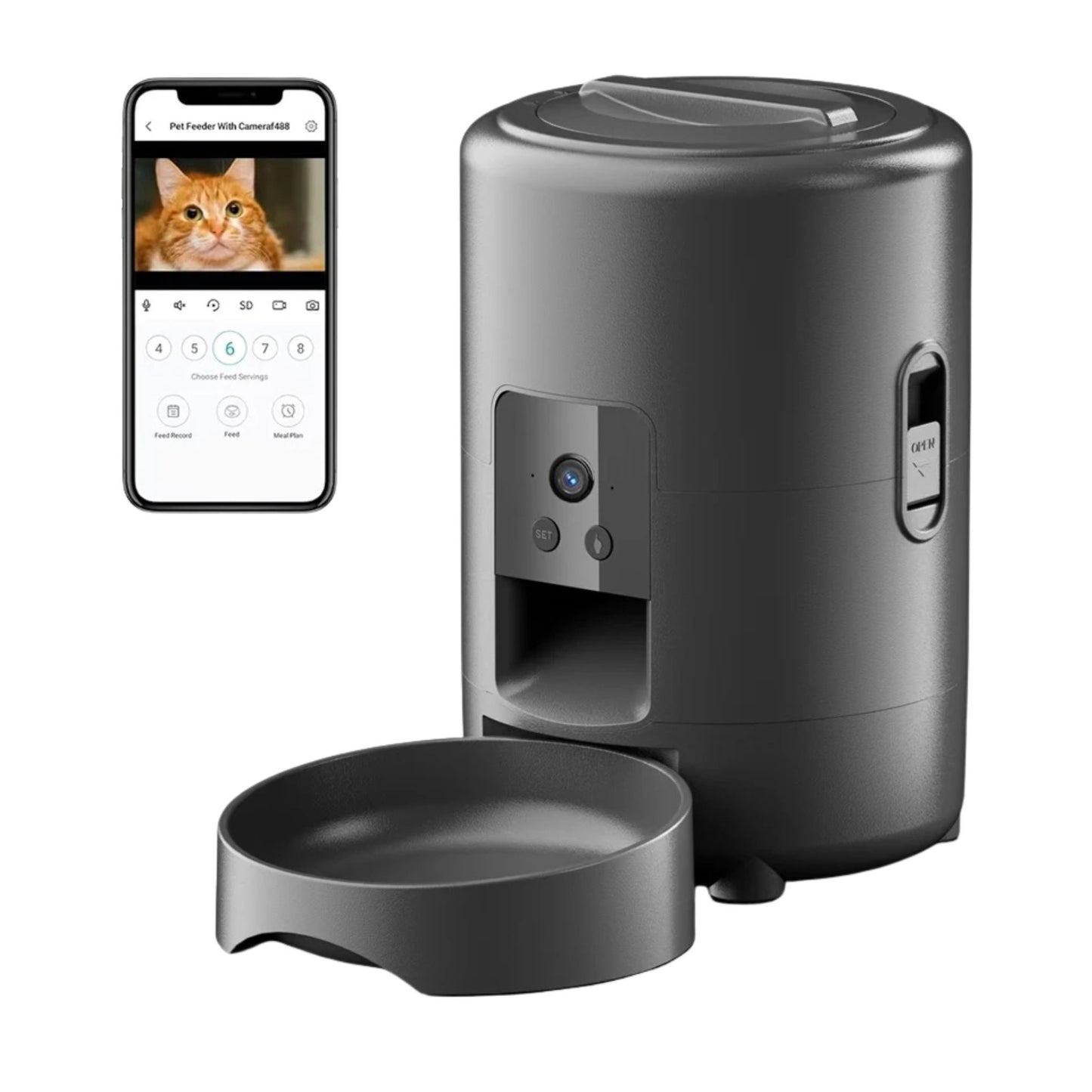 Black 2L smart automatic pet feeder with timer and camera from TrendyPet's Zone, designed for dog and cat dry food dispensing.