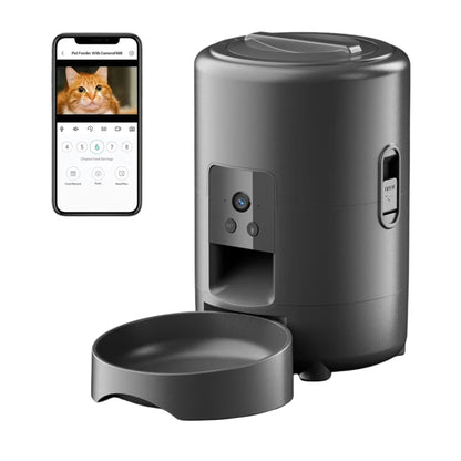 Black 2L smart automatic pet feeder with timer and camera from TrendyPet's Zone, designed for dog and cat dry food dispensing.