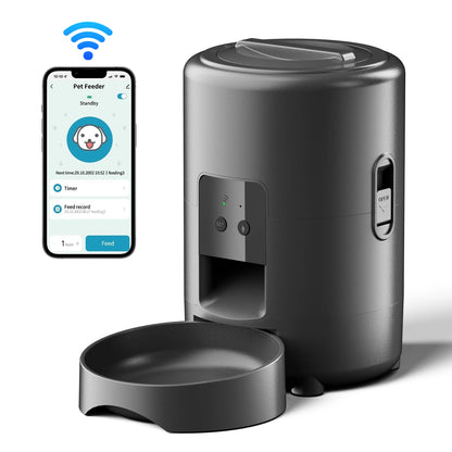 Black 2L smart automatic pet feeder by TrendyPet's Zone with timer, WiFi app, for dog and cat dry food dispensing.
