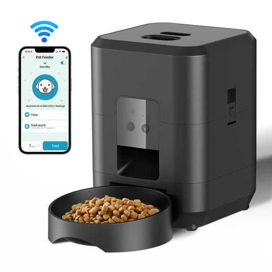 Black 2L smart automatic pet feeder by TrendyPet's Zone with WiFi app and timer for dog and cat dry food dispensing.