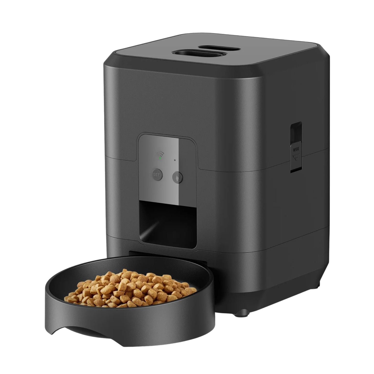 Black 2L smart automatic pet feeder by TrendyPet's Zone with timer and WiFi app for dog and cat dry food dispensing.