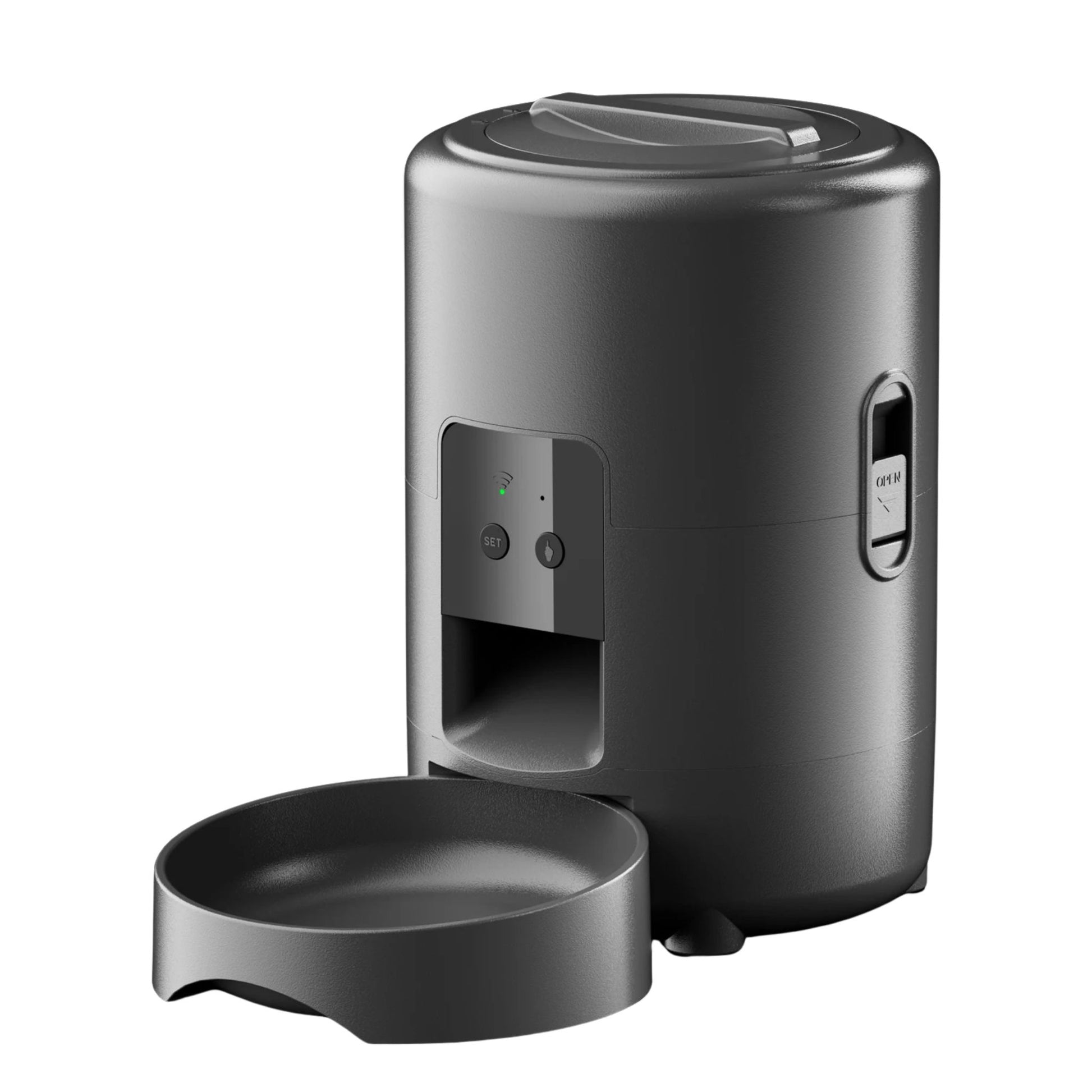 Black 2L smart automatic pet feeder from TrendyPet's Zone with timer, WiFi app, for dog and cat dry food dispensing.