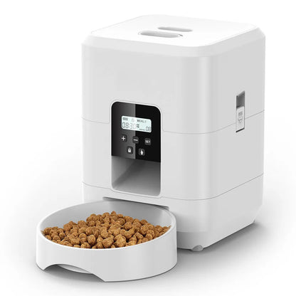 White 2L Smart Automatic Pet Feeder from TrendyPet's Zone with timer and button for dog and cat dry food dispensing.