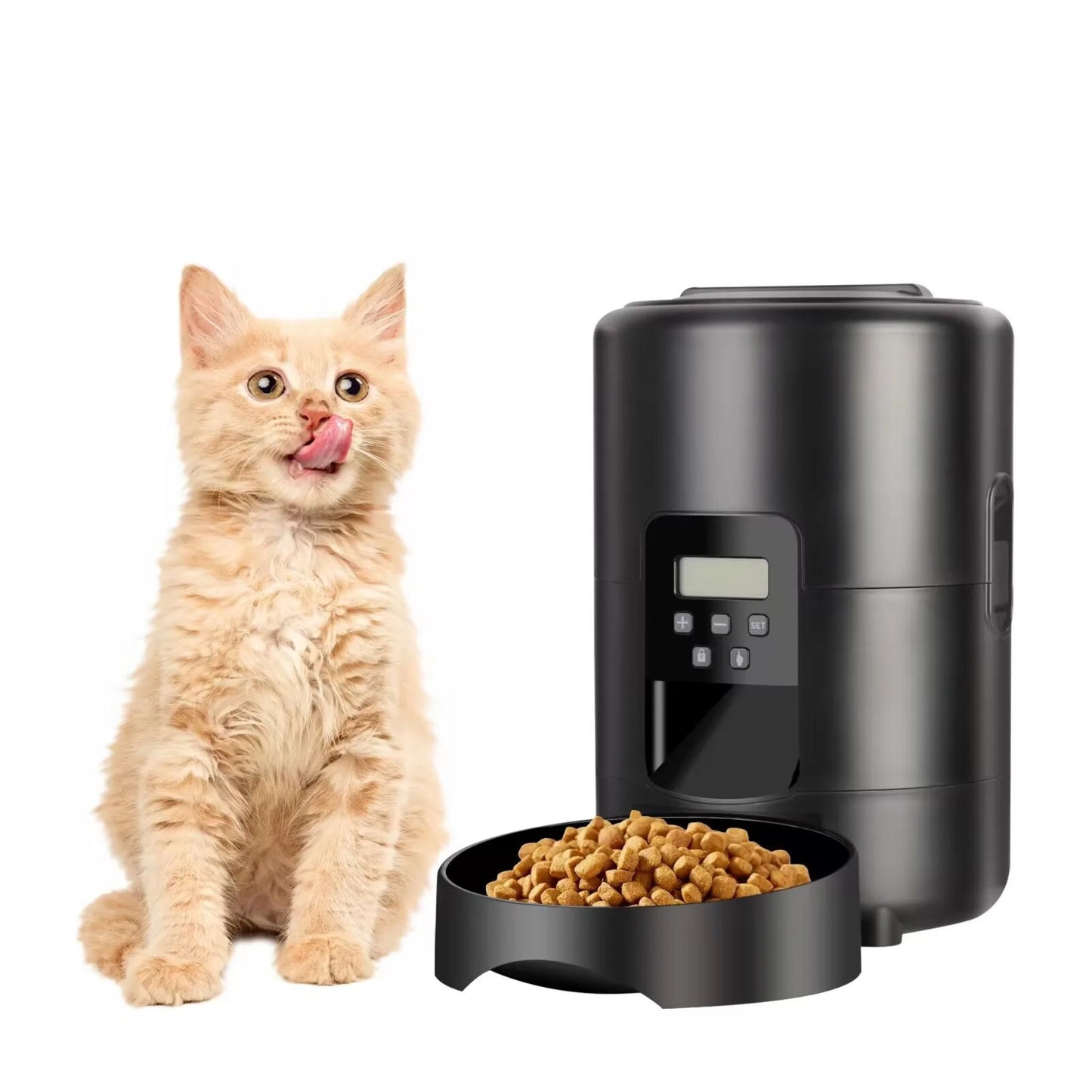 Black 2L smart automatic pet feeder with timer and button by TrendyPet's Zone, designed for dispensing dry food to dogs and cats.