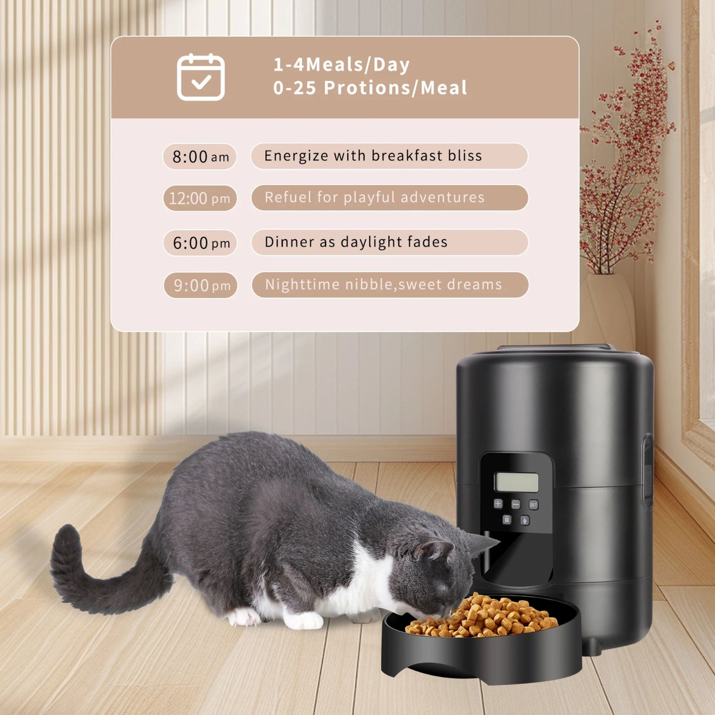 Black 2L smart automatic pet feeder with timer and button for dog and cat dry food by TrendyPet's Zone.