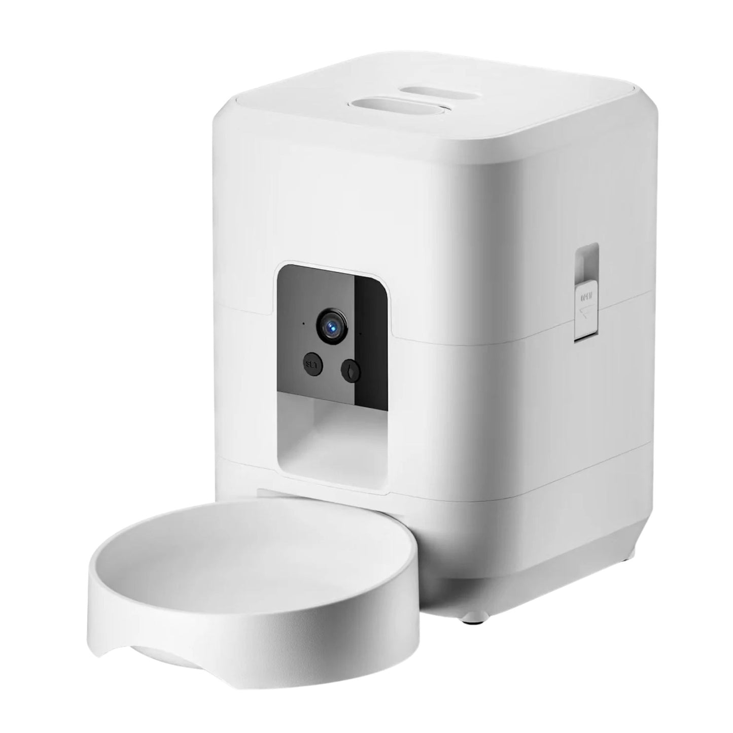 White 2L automatic pet feeder with timer and camera by TrendyPet's Zone, designed for dry food for dogs and cats.