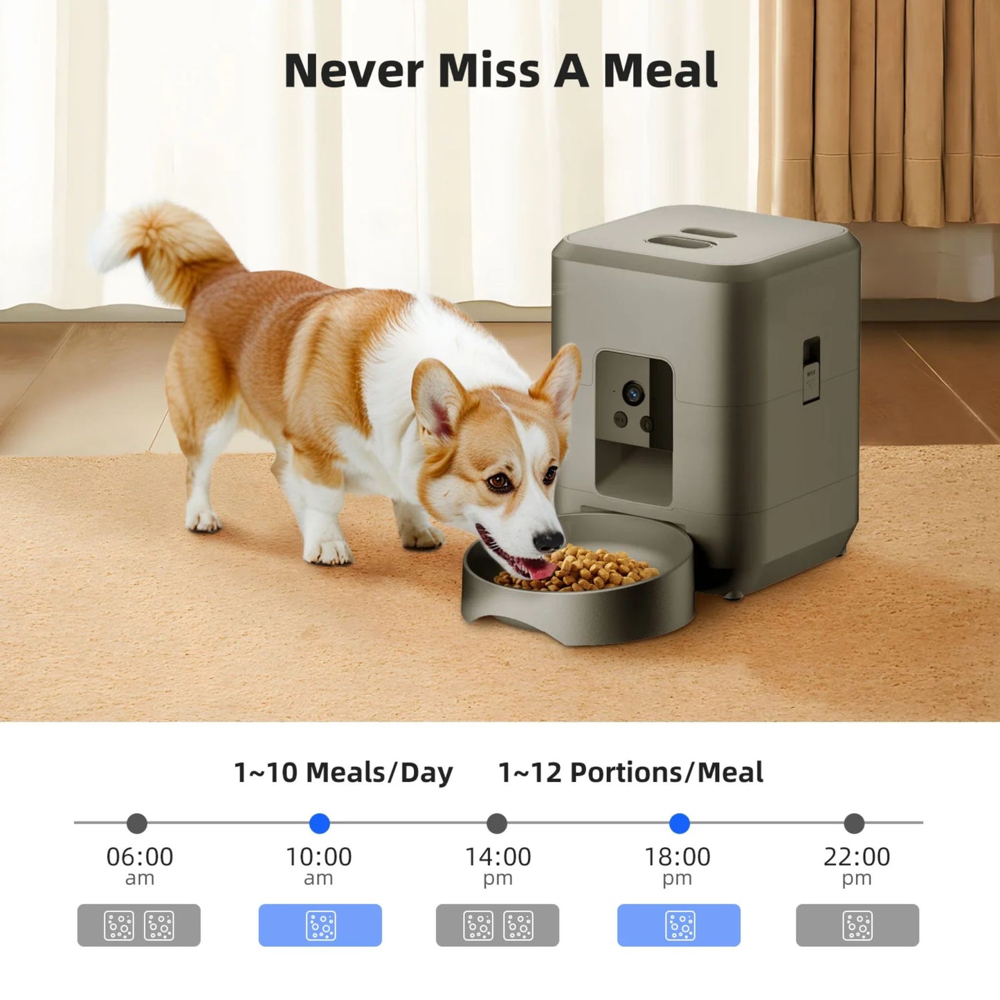 White 2L smart automatic pet feeder by TrendyPet's Zone with timer and camera, designed for dog and cat dry food dispensing.