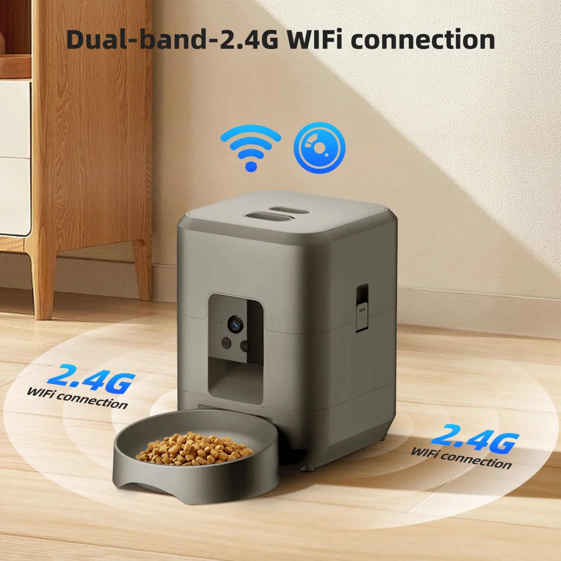 White 2L smart automatic pet feeder with timer and camera for dogs and cats by TrendyPet's Zone, dispensing dry food.