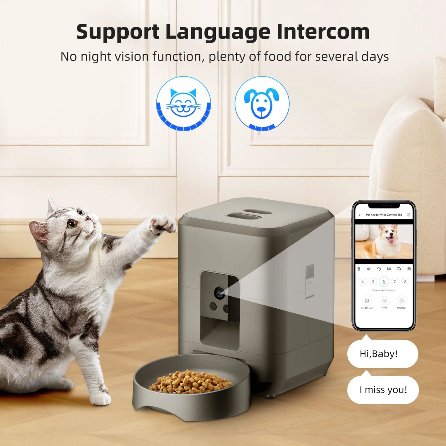 White 2L smart automatic pet food dispenser with timer and camera for dogs and cats by TrendyPet's Zone.