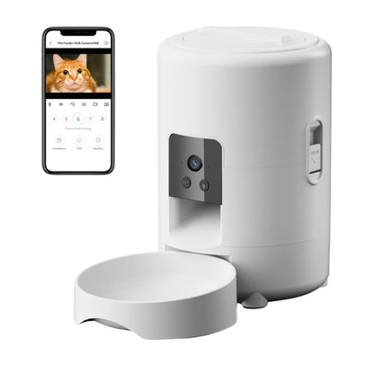 White 2L smart automatic pet feeder with timer and camera by TrendyPet's Zone, dog and cat dry food dispenser.