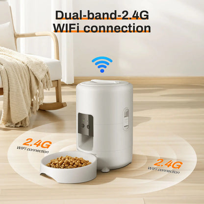 White 2L Smart Automatic Pet Feeder by TrendyPet's Zone with timer, WiFi app, for dog and cat dry food dispensing.