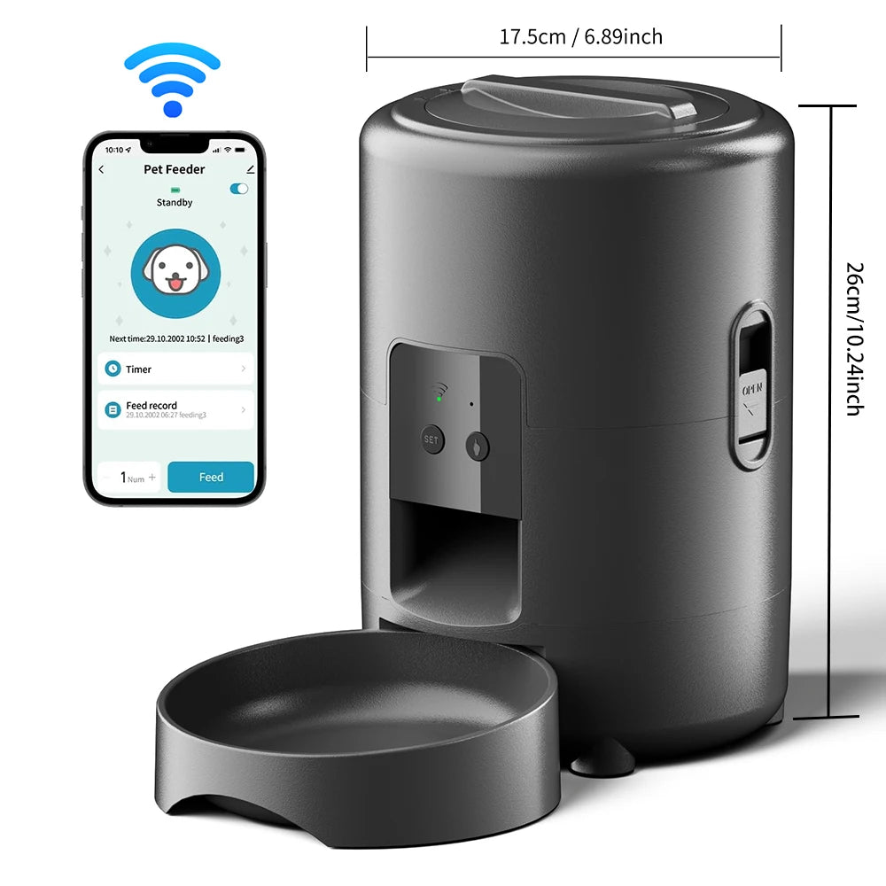 Black 2L smart automatic pet feeder by TrendyPet's Zone with WiFi app and timer for dog and cat dry food dispensing.