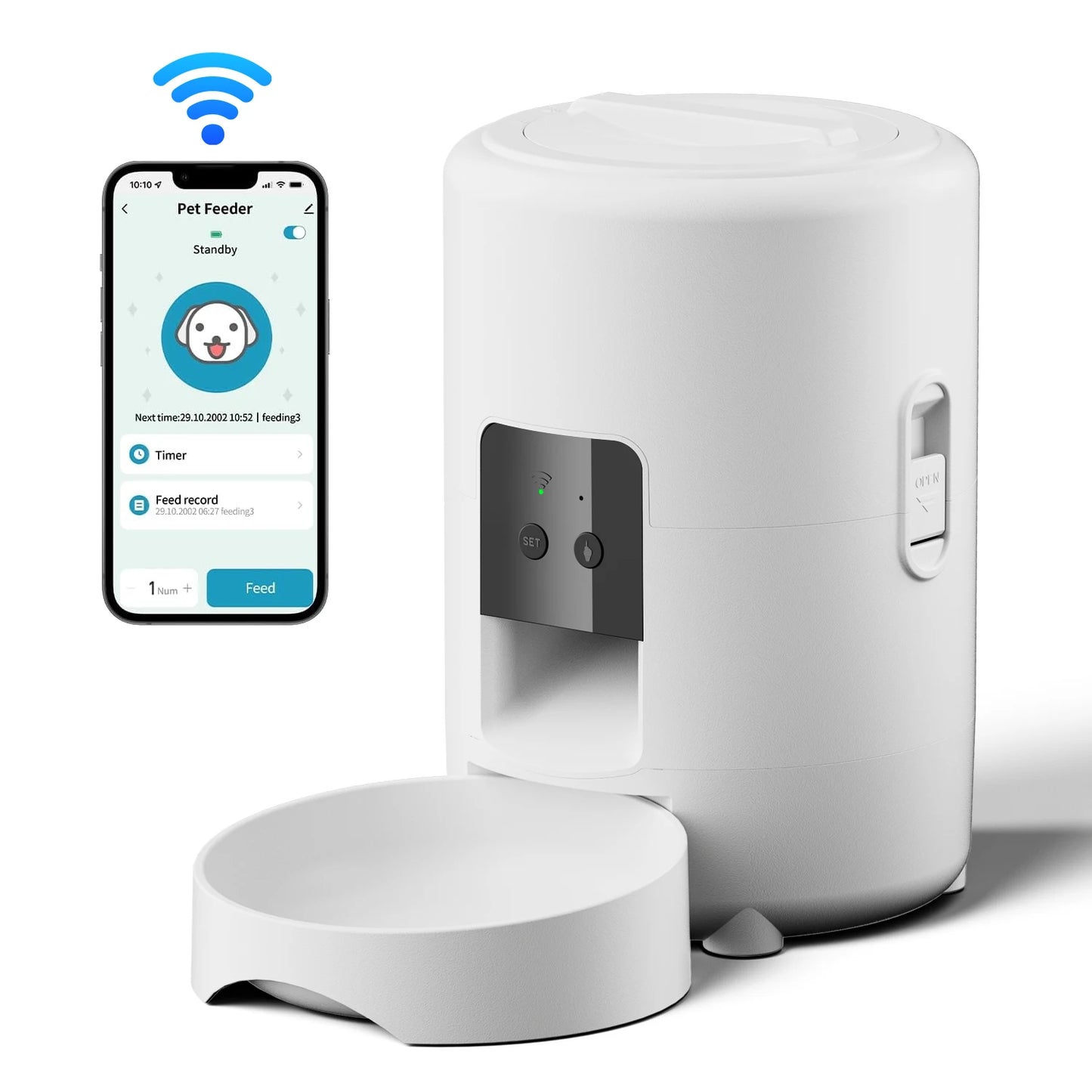 White 2L smart automatic pet feeder by TrendyPet's Zone with timer, WiFi app, for dog and cat dry food dispensing.