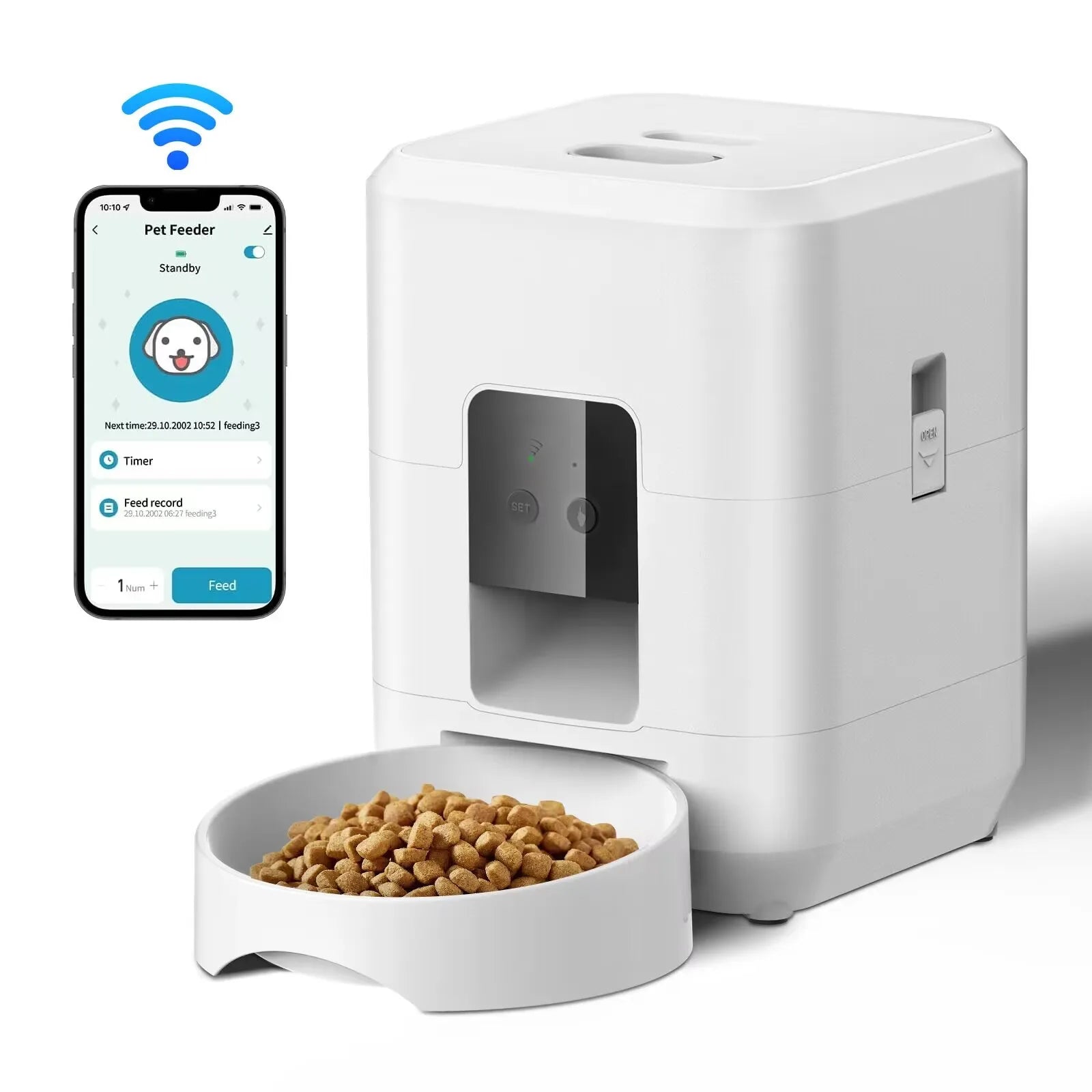 White 2L smart automatic pet feeder by TrendyPet's Zone with WiFi app and timer for dry dog and cat food.