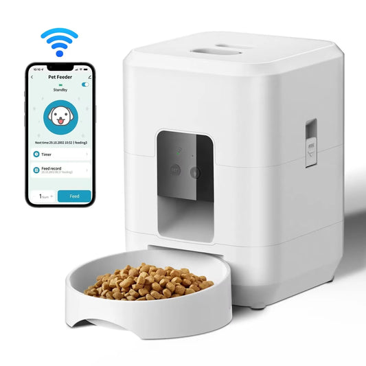 White 2L smart automatic pet feeder by TrendyPet's Zone with WiFi app and timer for dry dog and cat food.