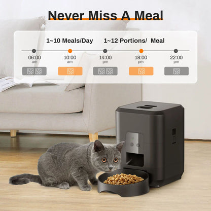 Black 2L smart automatic pet feeder with timer and WiFi app from TrendyPet's Zone for dogs and cats, dispensing dry food.