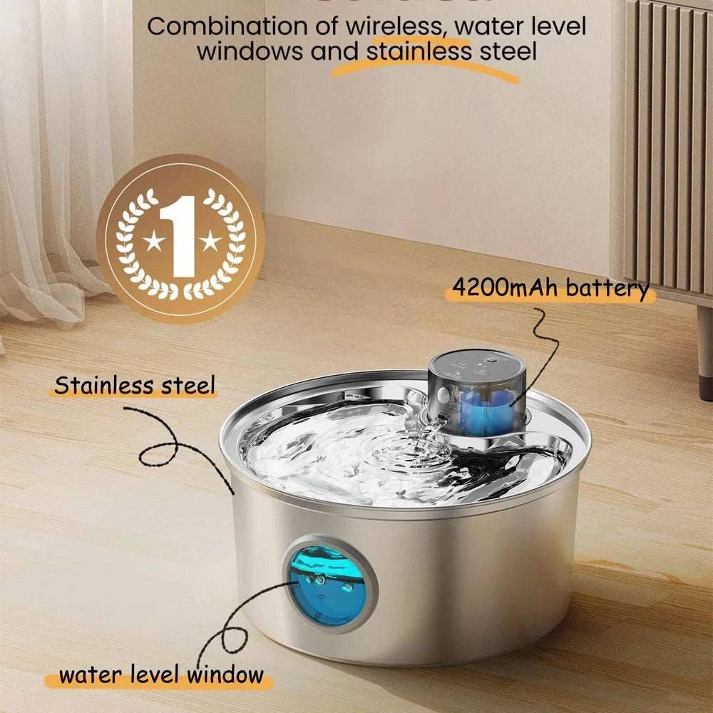 3.2L Stainless Steel Wireless Pet Water Fountain Battery Powered Smart Induction Sensor Silent Filtration Automatic Water Dispenser - TrendyPet's Zone