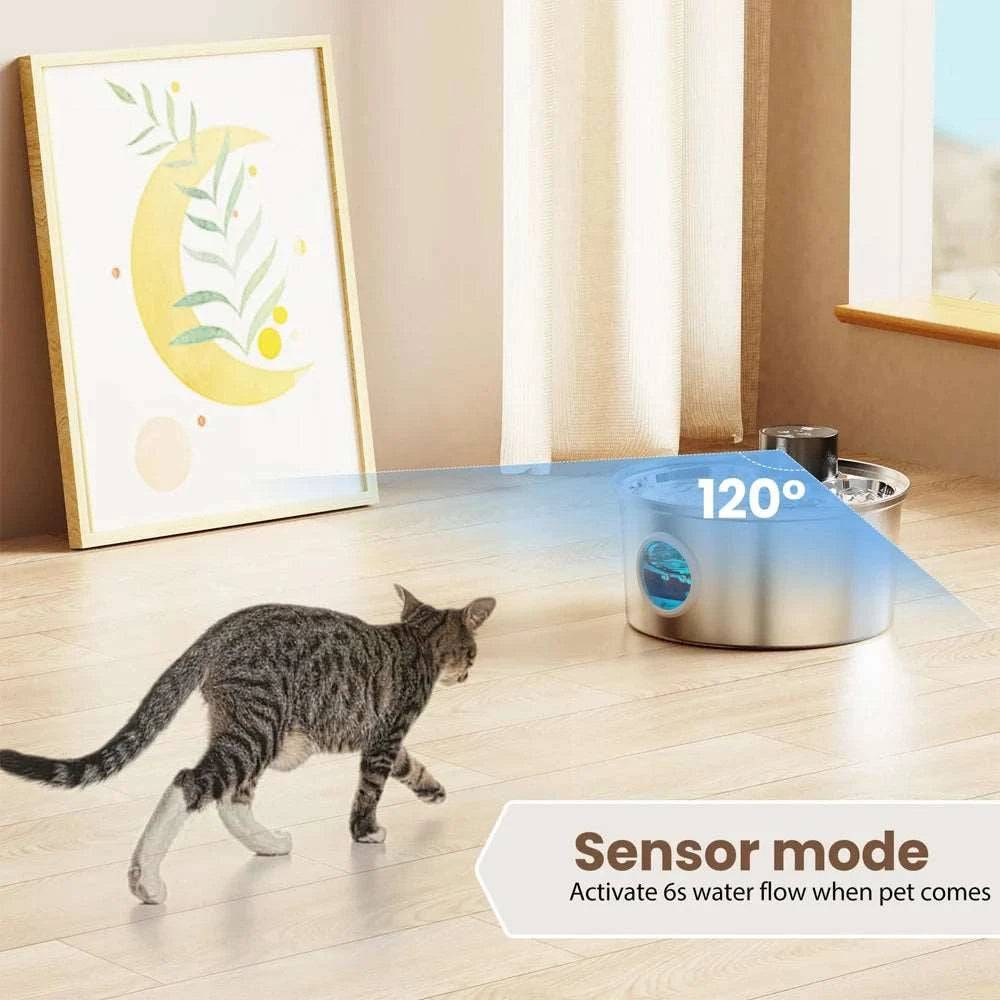 3.2L Stainless Steel Wireless Pet Water Fountain Battery Powered Smart Induction Sensor Silent Filtration Automatic Water Dispenser - TrendyPet's Zone