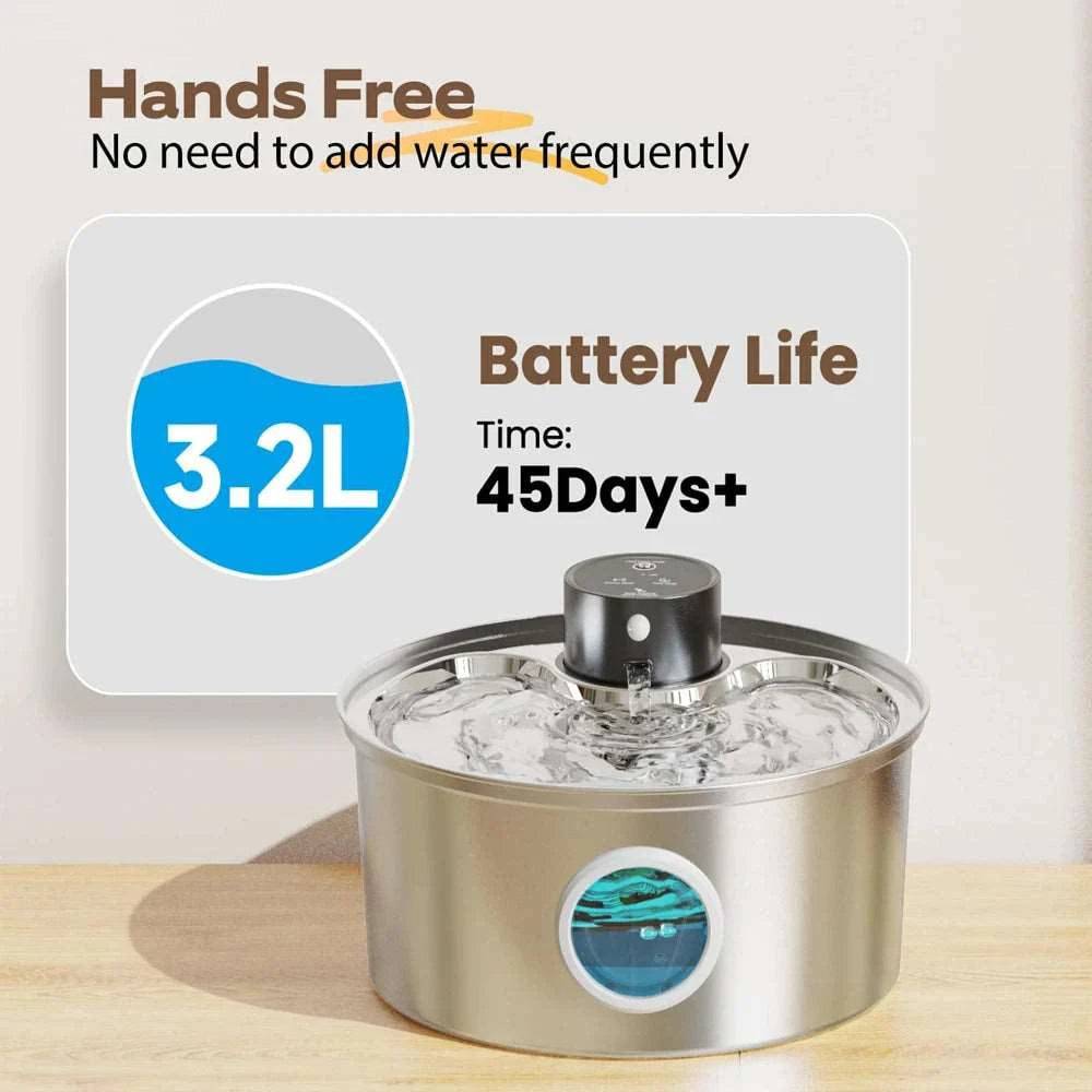 3.2L Stainless Steel Wireless Pet Water Fountain Battery Powered Smart Induction Sensor Silent Filtration Automatic Water Dispenser - TrendyPet's Zone