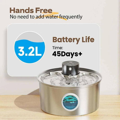3.2L Stainless Steel Wireless Pet Water Fountain Battery Powered Smart Induction Sensor Silent Filtration Automatic Water Dispenser - TrendyPet's Zone