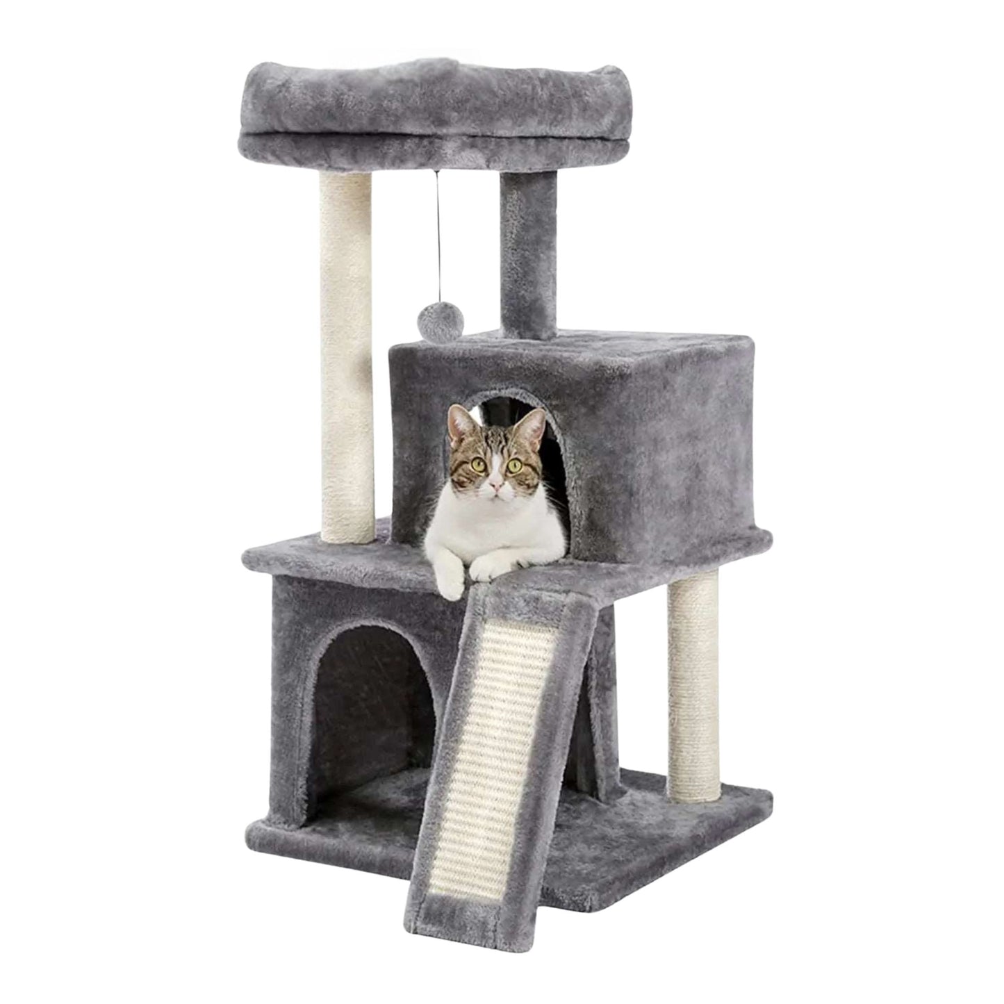 Grey cat tower by TrendyPet's Zone with double condos, spacious perch, sisal scratching posts, and replaceable dangling balls.