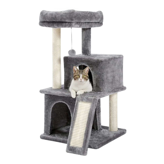 Grey cat tower by TrendyPet's Zone featuring double condos, spacious perch, sisal scratching posts, and replaceable dangling balls.