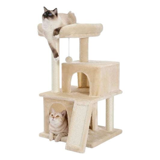 Beige cat tower with double condos, spacious perch, sisal scratching posts, and dangling balls for cats from TrendyPet's Zone.