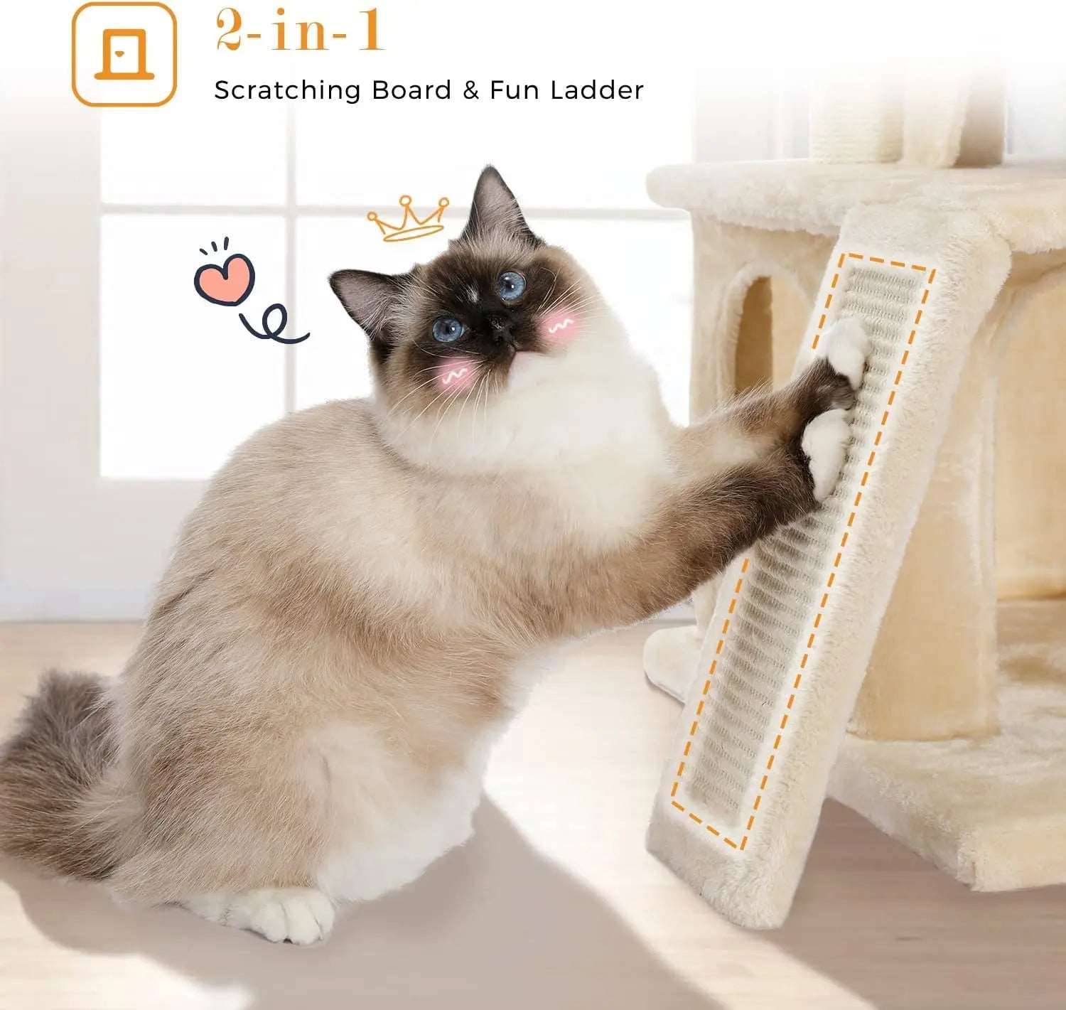34" Beige Cat Tower with Double Condos, Spacious Perch, Fully Wrapped Scratching Sisal Posts and Replaceable Dangling Balls - TrendyPet's Zone