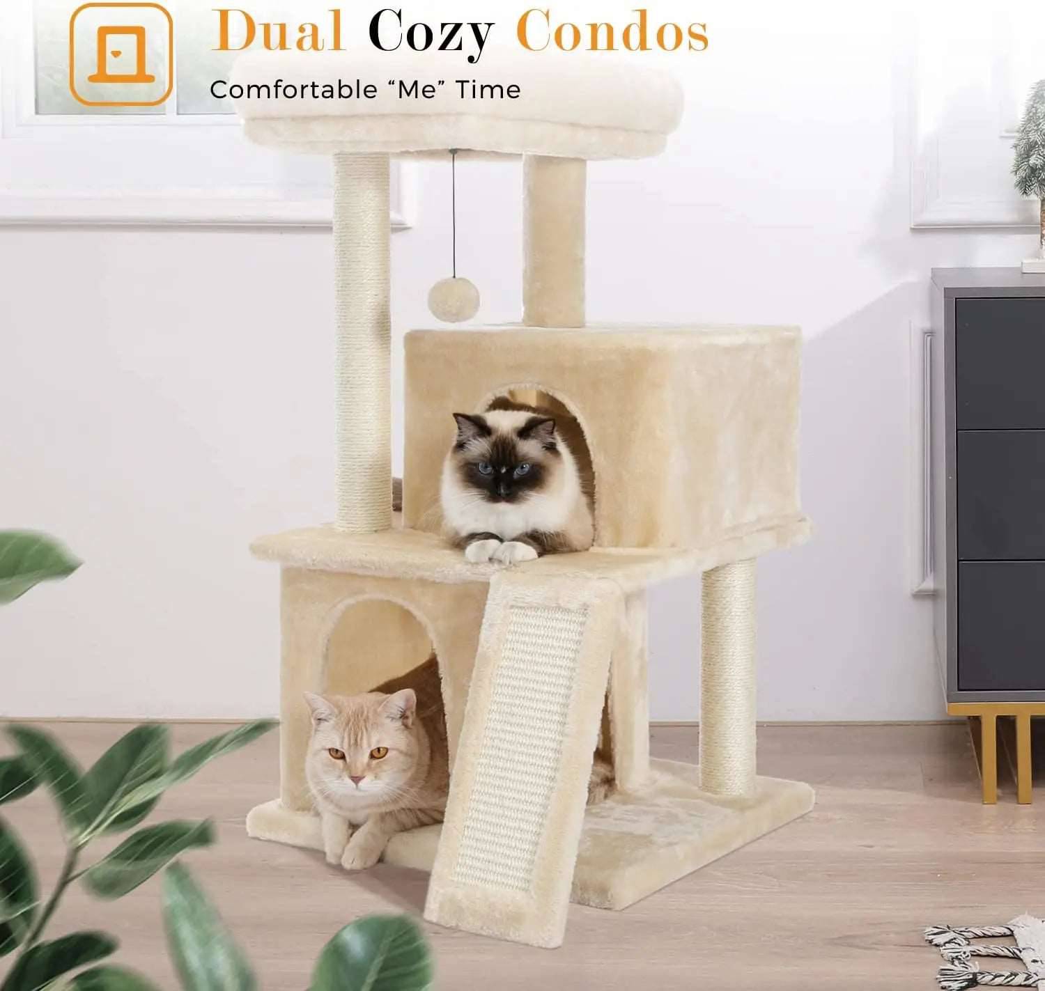 34" Beige Cat Tower with Double Condos, Spacious Perch, Fully Wrapped Scratching Sisal Posts and Replaceable Dangling Balls - TrendyPet's Zone