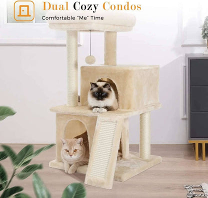 34" Beige Cat Tower with Double Condos, Spacious Perch, Fully Wrapped Scratching Sisal Posts and Replaceable Dangling Balls - TrendyPet's Zone