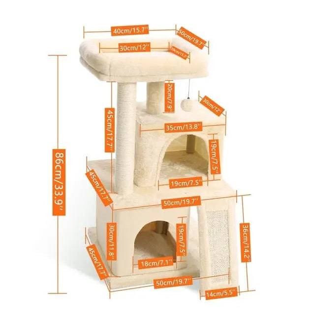 34" Beige Cat Tower with Double Condos, Spacious Perch, Fully Wrapped Scratching Sisal Posts and Replaceable Dangling Balls - TrendyPet's Zone